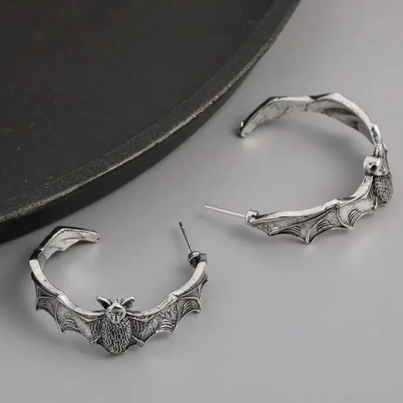 NEW Dolls Kill Silver Bats Gothic Vampire Witchy Style Hoop Earrings - Picture 2 of 15